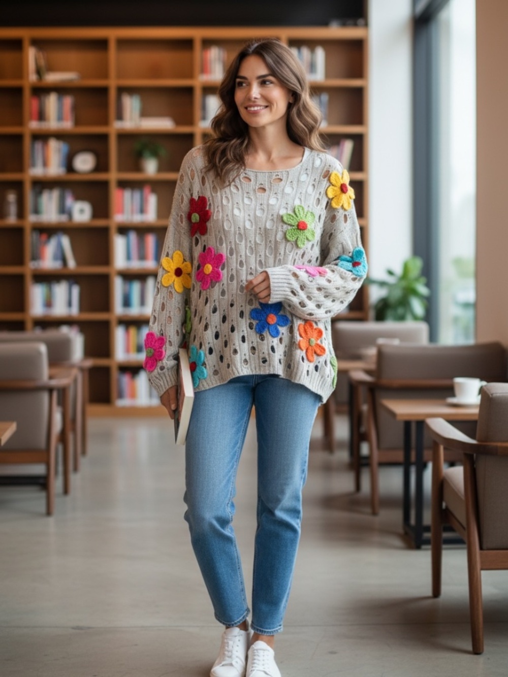 BiBi Perforated Sweater with Flower AppliquĂŠs